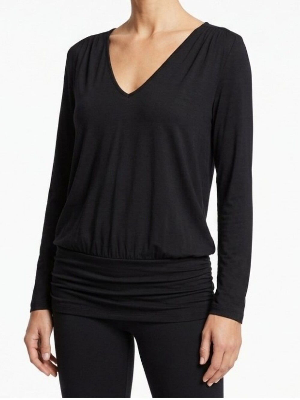 White House Black Market WHBM V Neck Long Sleeve Pleated Back Blouse Rayon Sz M